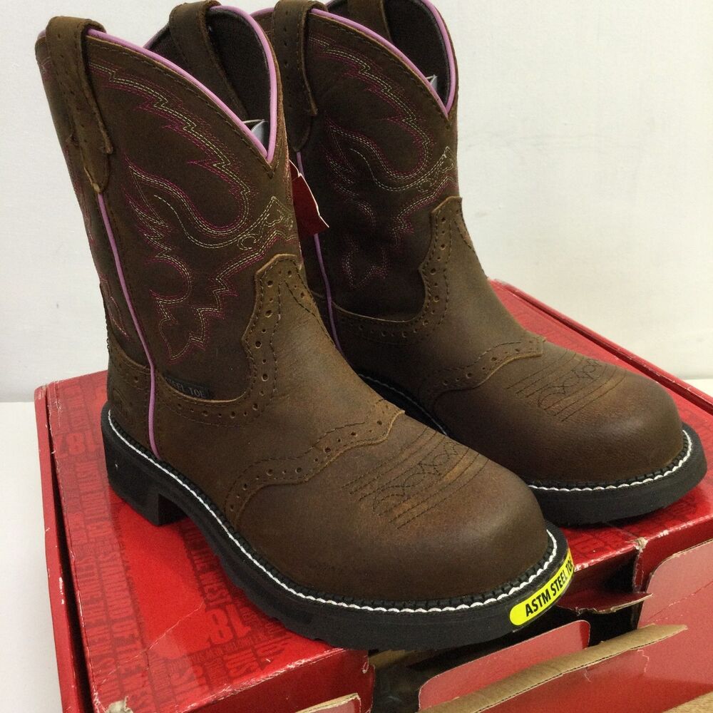 Justin Women Wanette 8" Round Steel Toe Western Work Boots Aged Bark Pink Size 9